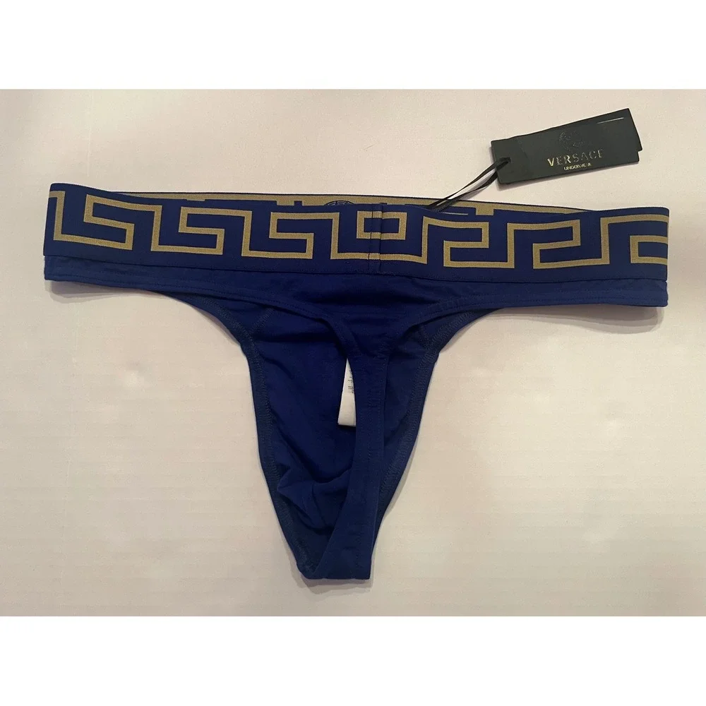 Versace Men's‎ Thong Briefs Underwear Blue with Gold Logo Size 7 or XL