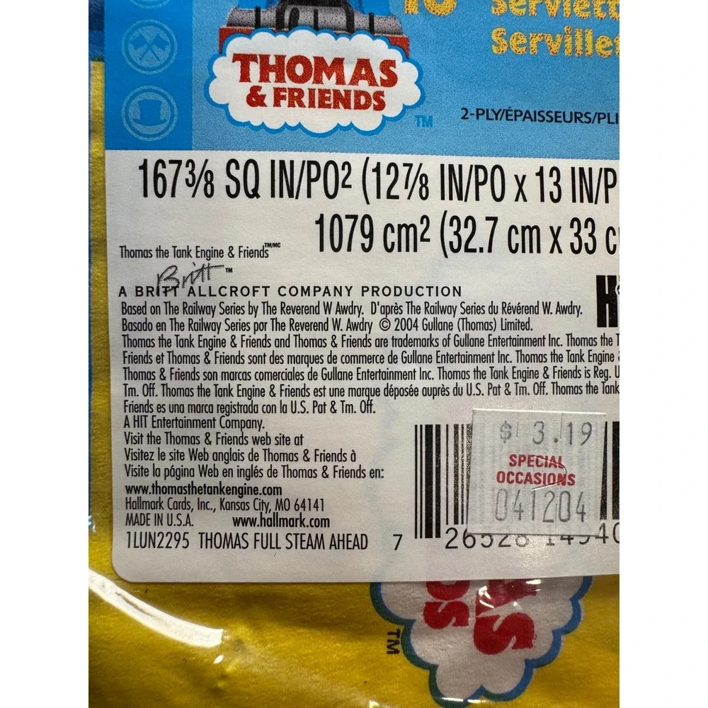 Thomas & Friends Hallmark Party Express Napkins 16ct Vintage 2004 Sealed Blue