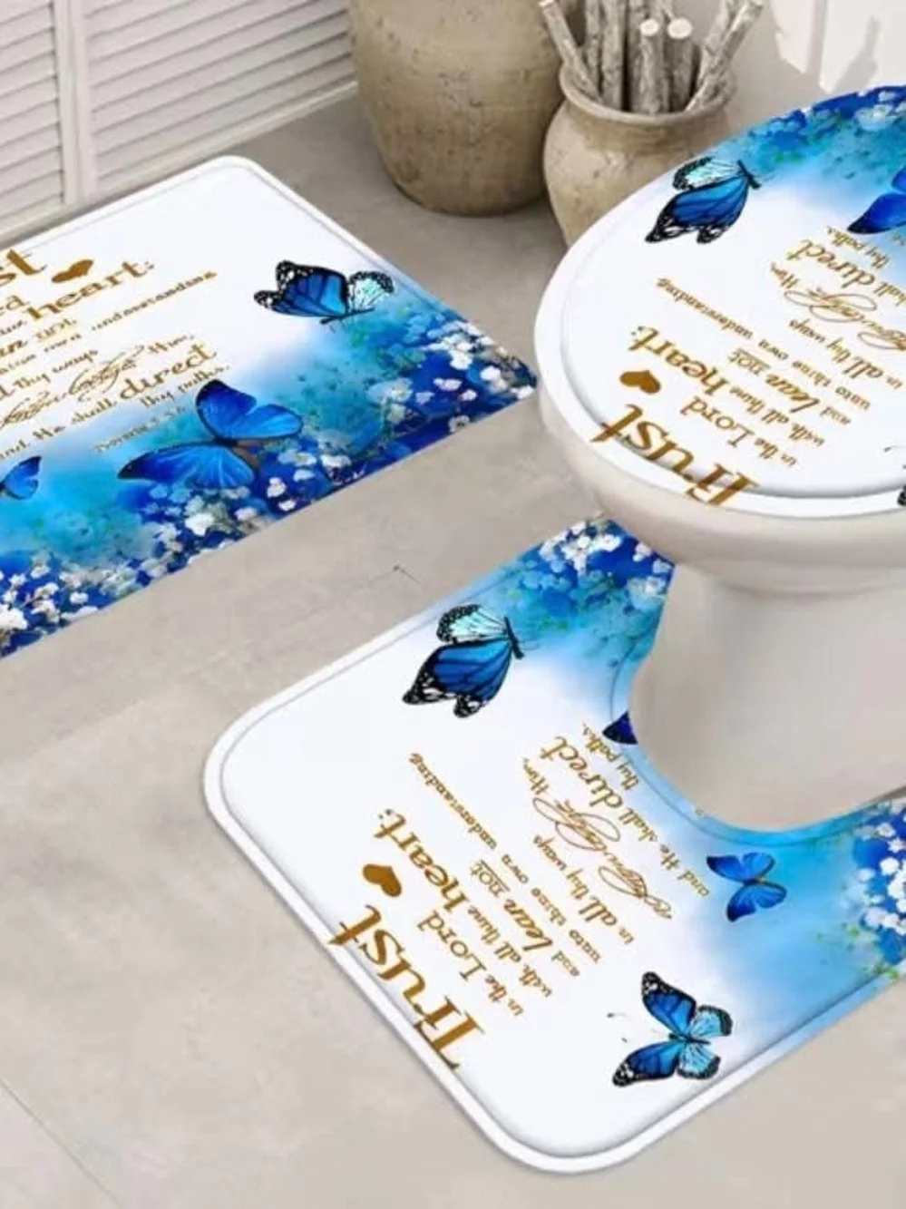 5pc Blue Butterfly Floral Shower Curtain with Inspirational Scripture