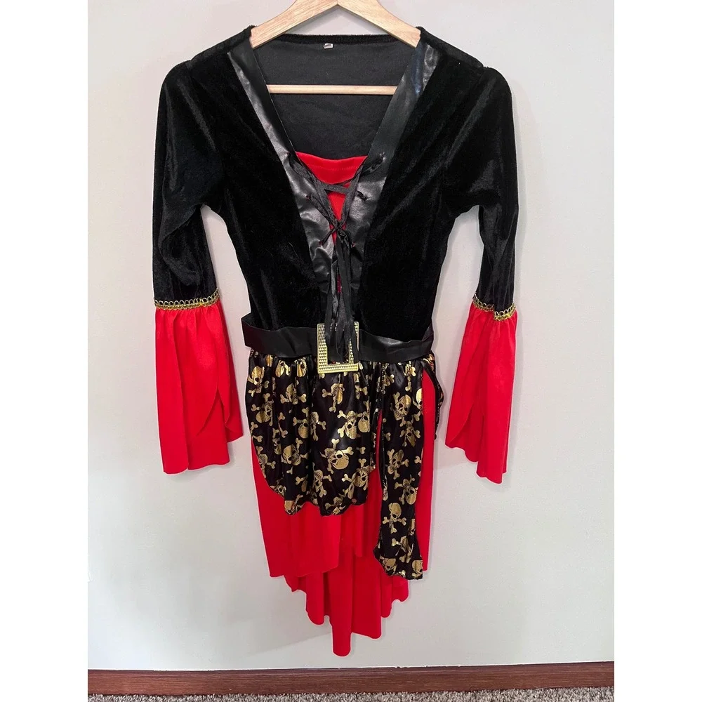 Kids Pirate Costume Dress Black Red Gold Skull Print Halloween Small