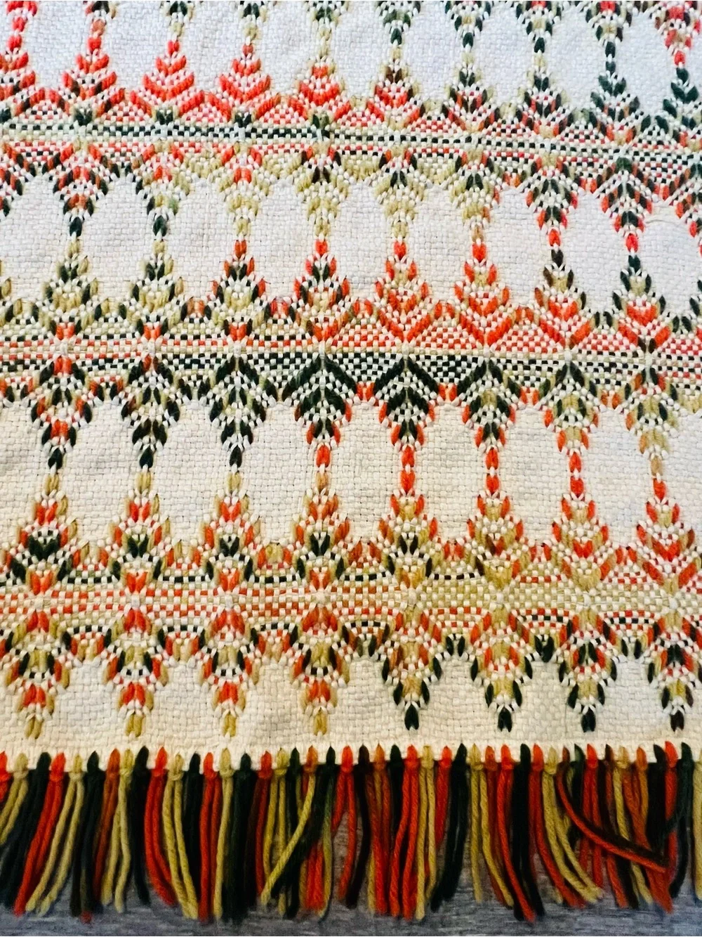 70s Embroidered Chevron Throw  Green, Orange, Gold Fringe Sofa Hanging Vintage