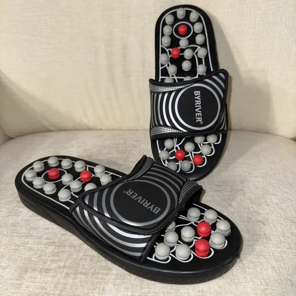 BYRIVER Black Acupressure Foot Massage Slippers Shoes Sandals, Size Medium