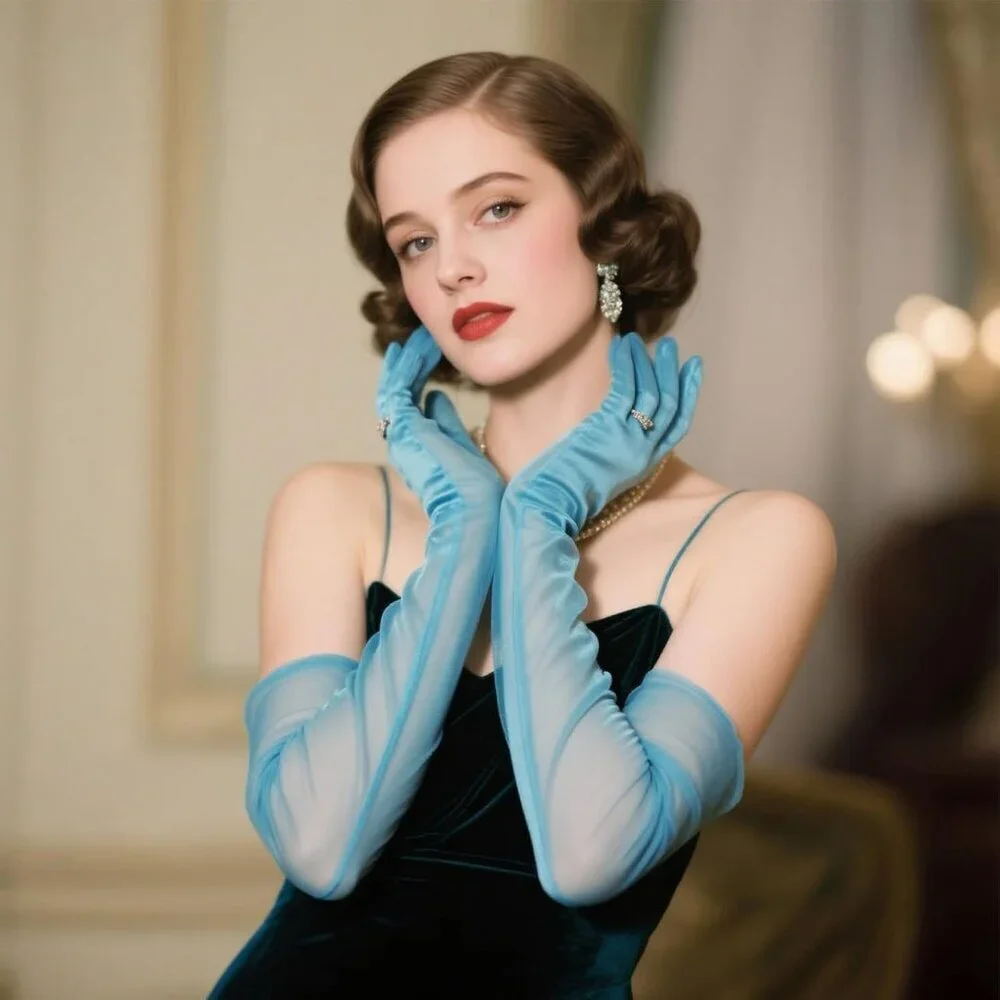 Women's Baby Blue Tulle Long Satin Gloves Evening Elbow Length Party Costumes