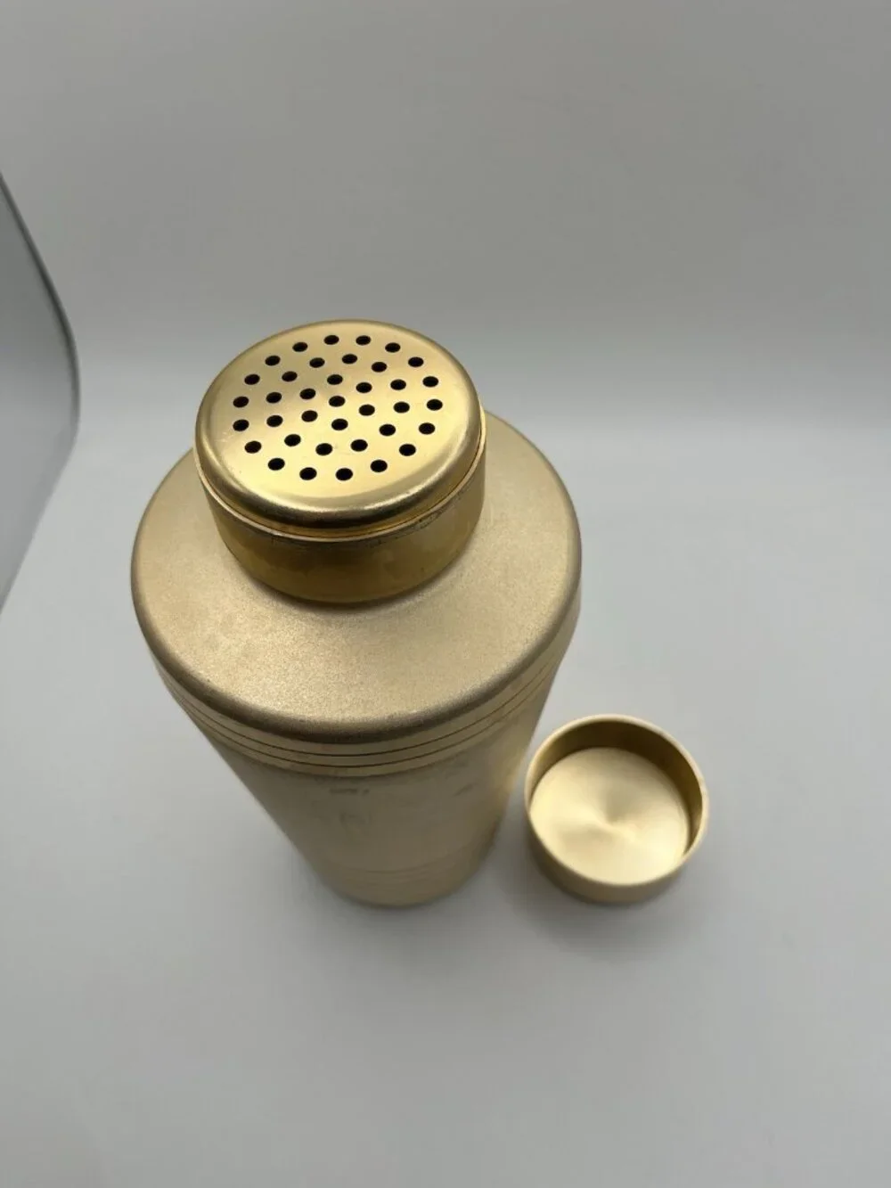 Vintage Mid Century Modern Gold Cocktail Shaker Mirro Aluminum Barware Atomic