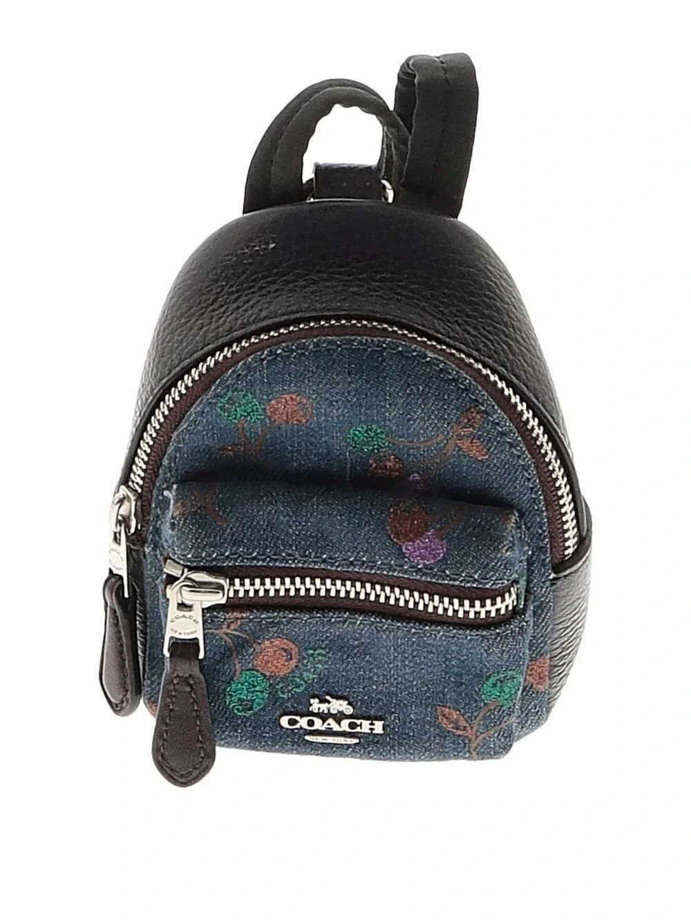 COACH Black Leather & Floral Mini Backpack Charm