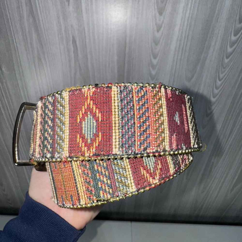Vintage Distressed Fabric Southwestern Print Gold Detail Buckle Belt Women’s S/M