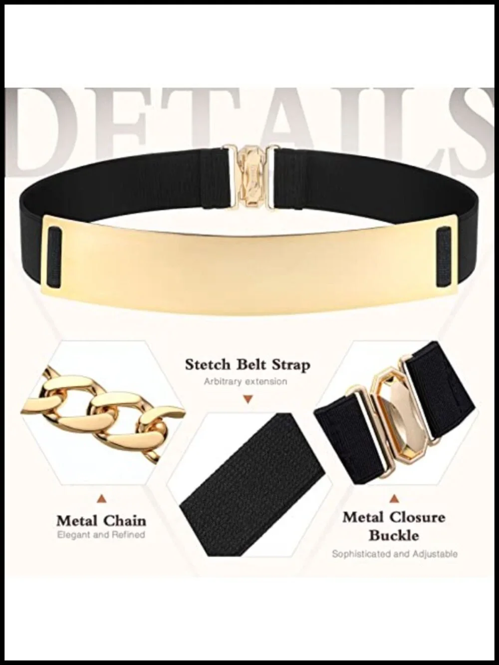4 Packs Women Stretch Waist Belt with Gold Metal Buckle Fashion Wide Chain