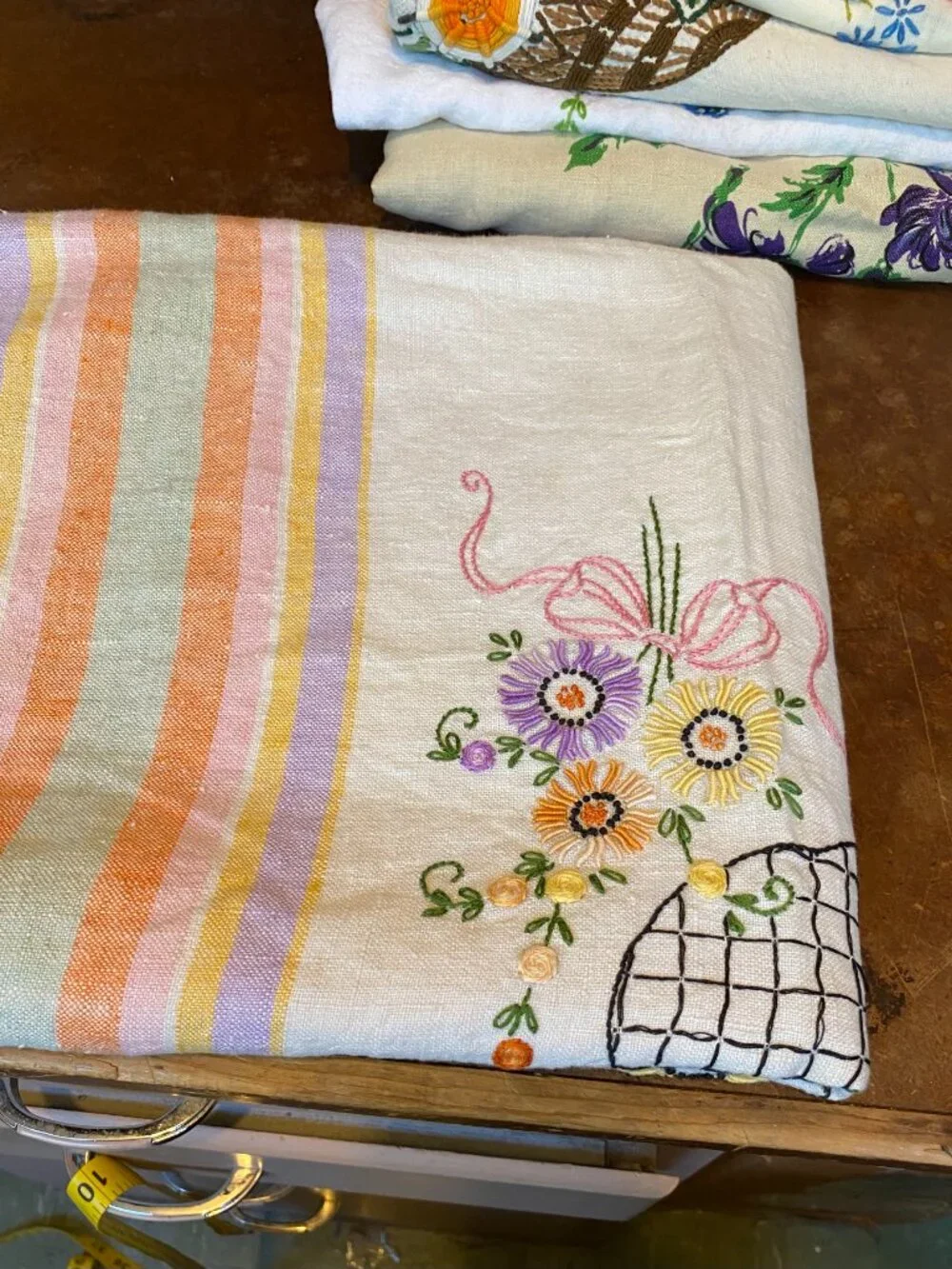 Antique Embroidered Tablecloth Floral Flowers Pastel Stripes Cross Stitch Summer