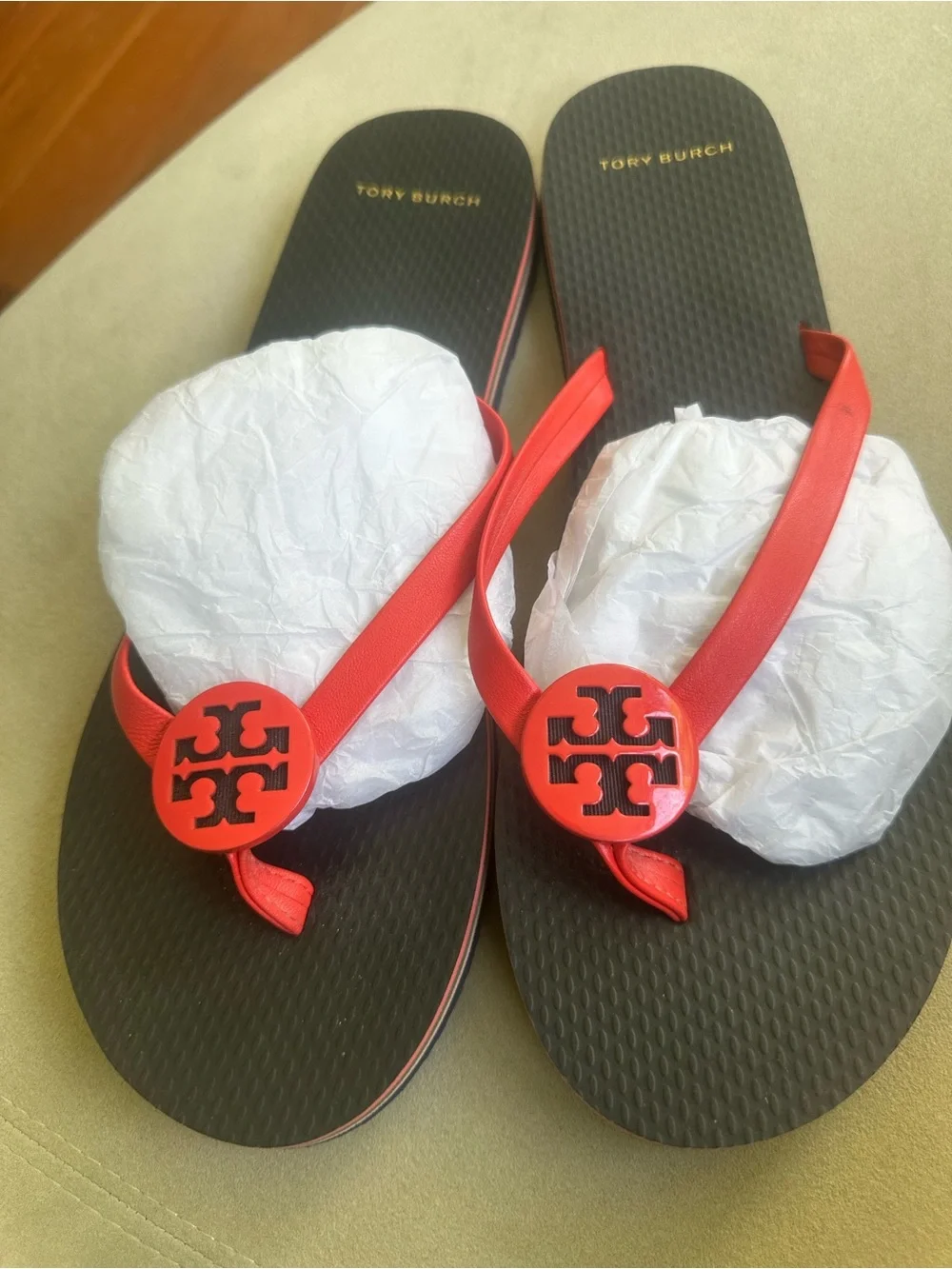 Tory Burch Black and Red Logo Thong Sandals