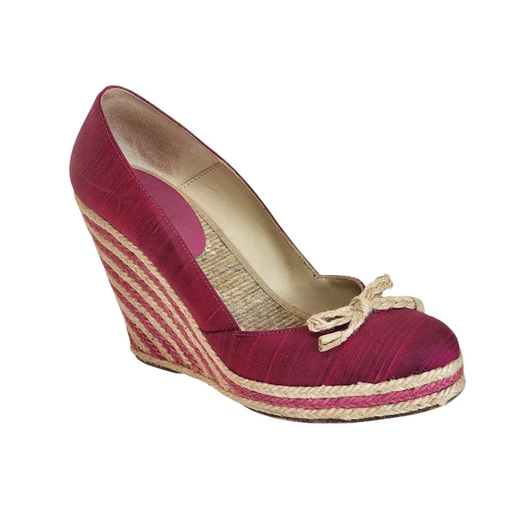 Kate Spade New York Pink Silk Espadrille Wedge Pumps Rope Bow Heels Womens 7