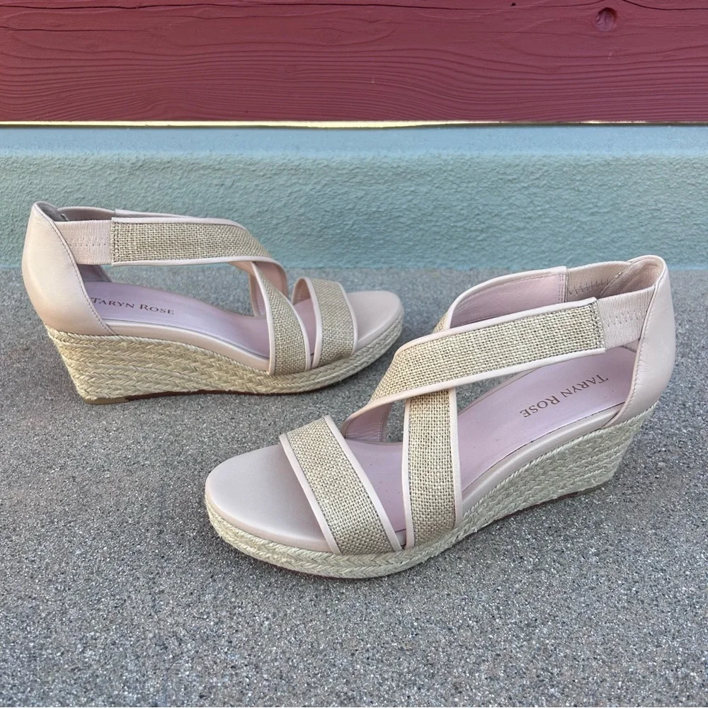 NEW $219~TARYN ROSE~KRISSY Linen/Leather Espadrille Platform Wedge Sandals~7/7.5