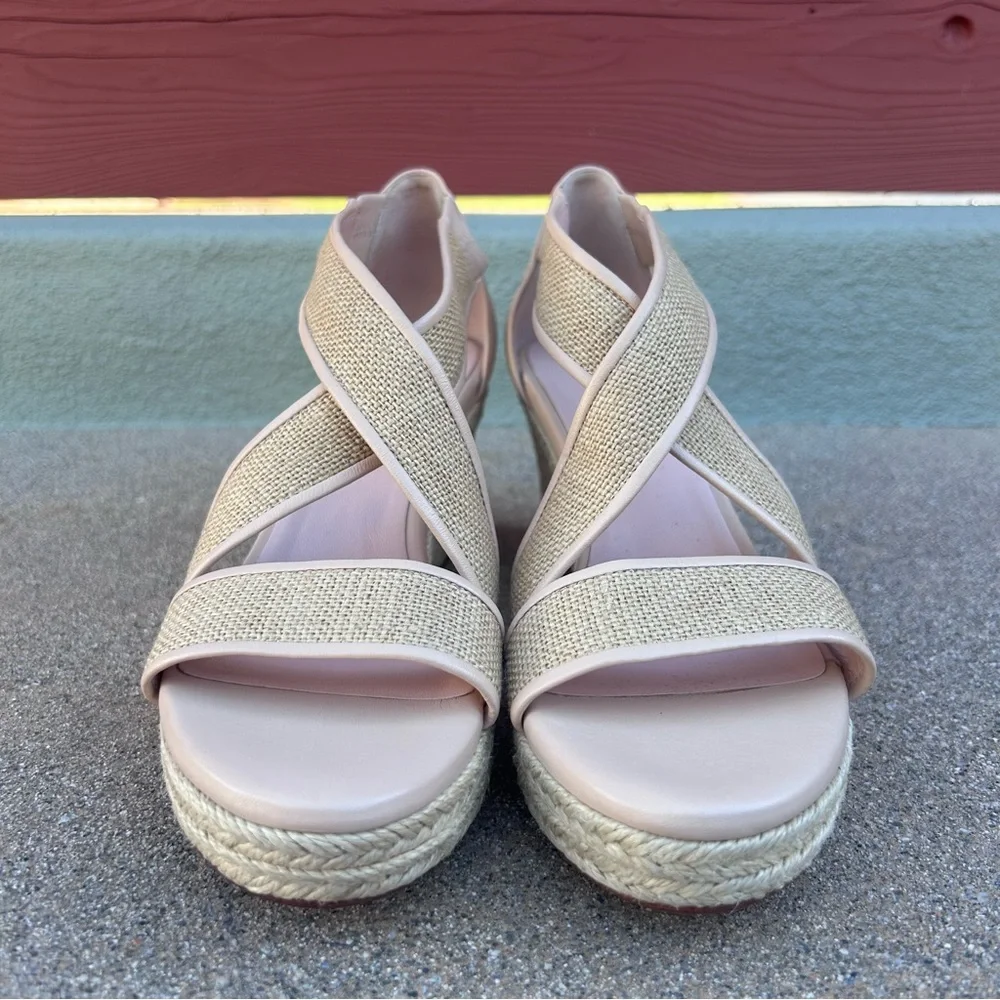 NEW $219~TARYN ROSE~KRISSY Linen/Leather Espadrille Platform Wedge Sandals~7/7.5