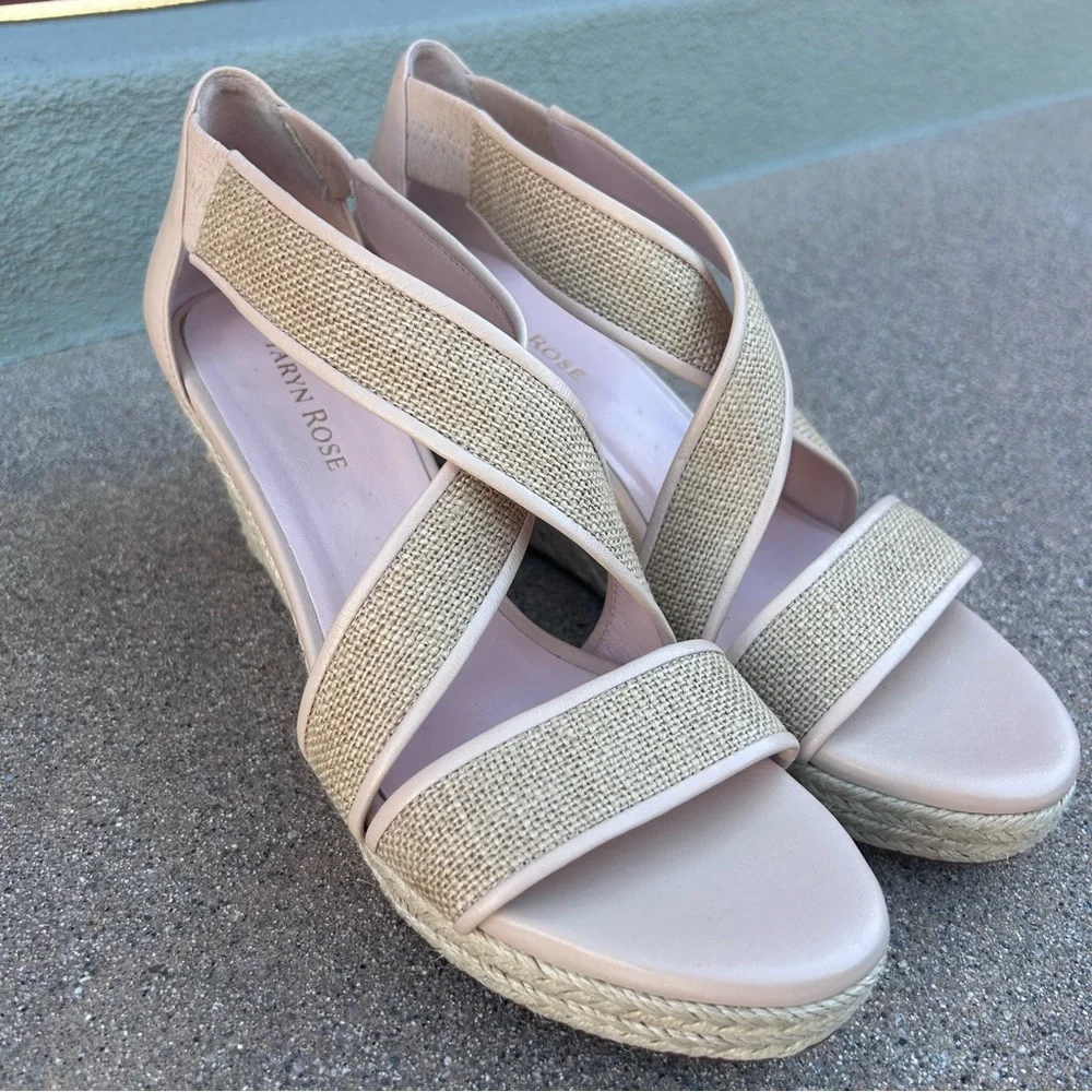 NEW $219~TARYN ROSE~KRISSY Linen/Leather Espadrille Platform Wedge Sandals~7/7.5