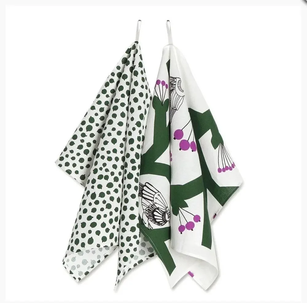 Marimekko Pekko Pakkanen Kitchen Towel White Green Bird Berries Polka Dot 2-Pack