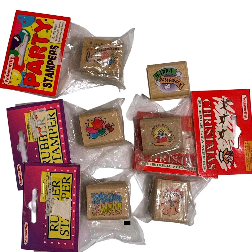 Vtg Mini‎ Stamp Lot 90s Kidcore Holiday Sports Bear Egg Head Craft Set 19 +Pads