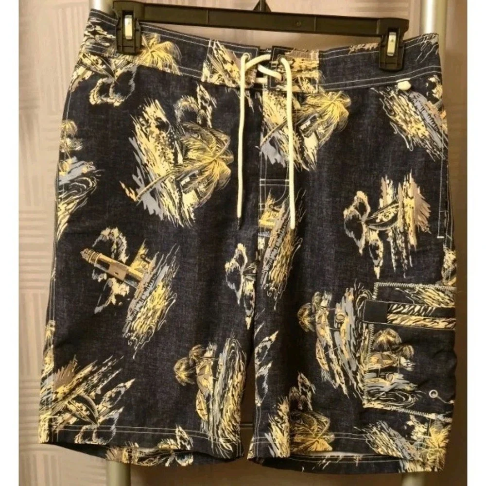 Lands' End Swim Trunks Mens M 32-34 Navy Blue Polyester Mesh Lined Shorts Tropic