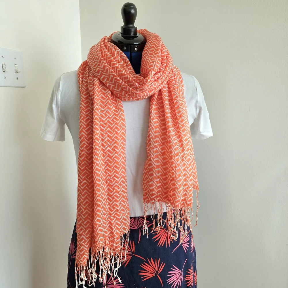 Boho Geometric Scarf Bright Modern Orange White Lightweight Fringe Summer Wrap