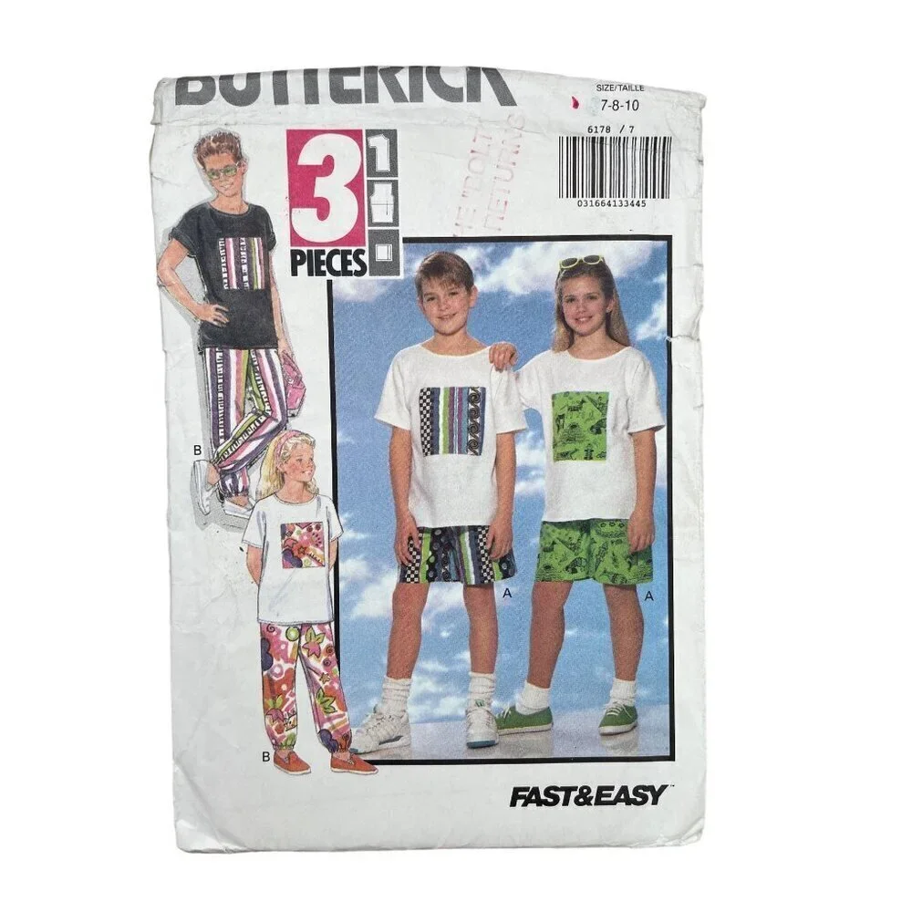 Butterick Sewing Pattern 6178 Unisex Top Shirt Shorts Pants‎ Size 7-10