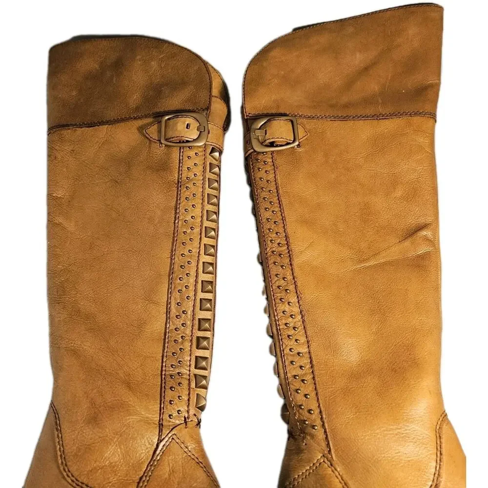 Vince Camuto Women Sz 5.5 M Over-the -knee BOLLO Moto -Boot Studs, Zip, Brown