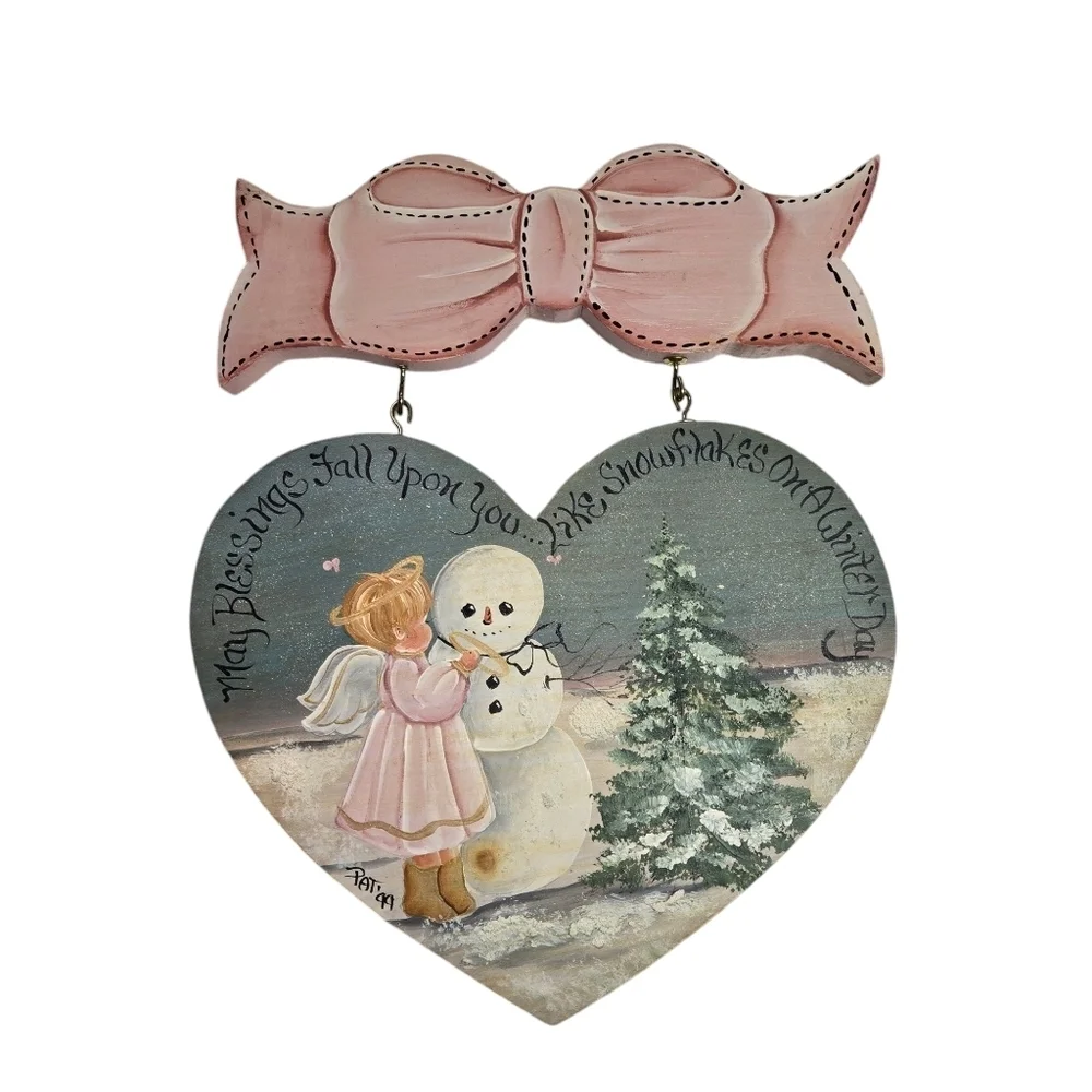 Hand Crafted Winter Decoration Wood Plaque Snowman Angel Blessings Blue Pink