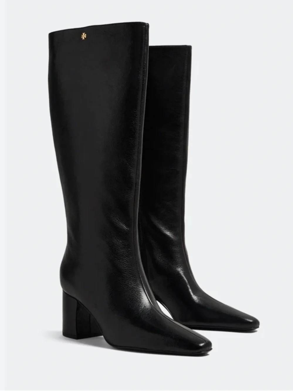 New Tory Burch Banana Tall Curved Heel Heeled Boots Black Calfskin Leather 9.5