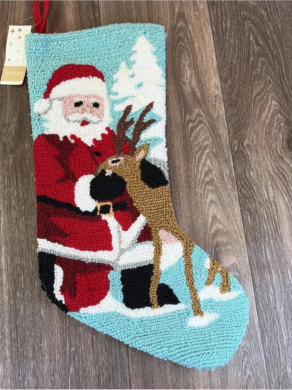 Macy's Holiday Lane Santa & Reindeer Hooked Wool Christmas Stocking 19