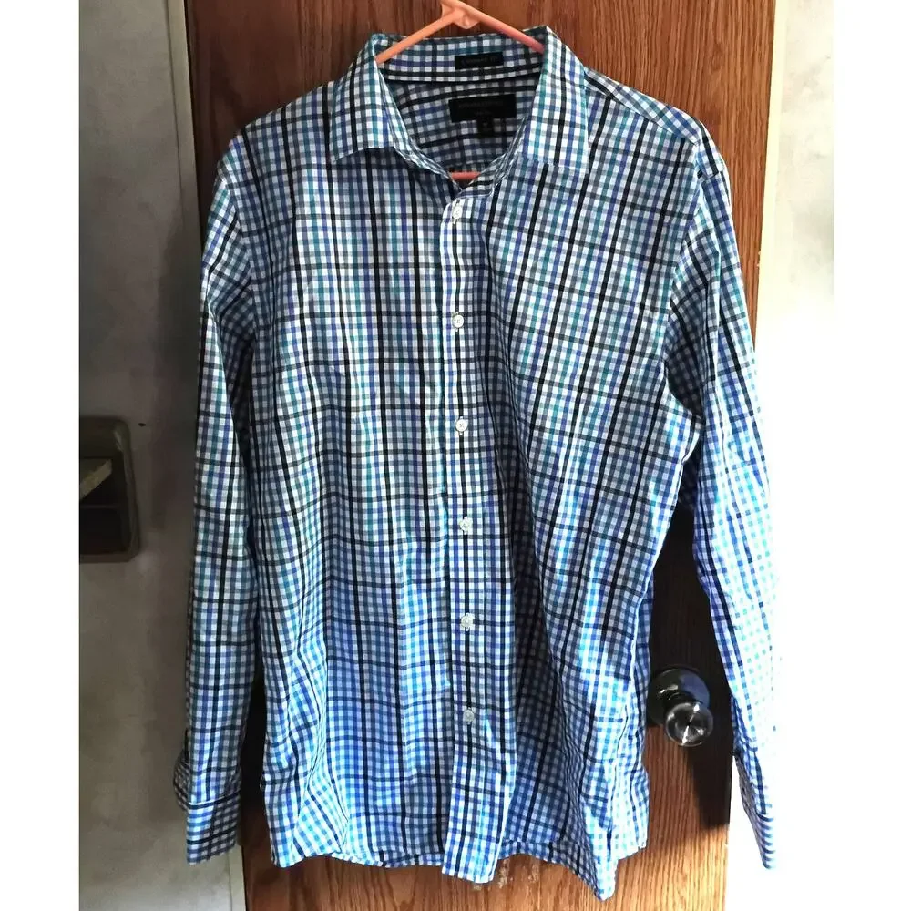 Banana Republic Non-Iron Shirt Mens Medium Blue Plaid Office Casual Cotton