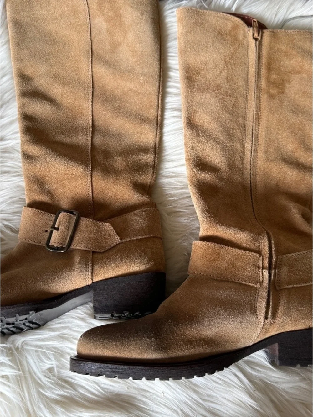 Sundance Tan Suede Knee High Boots with Buckle Detail