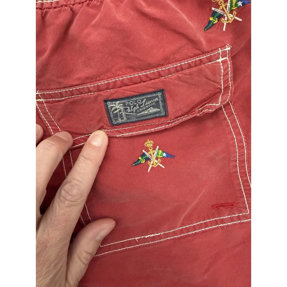 Men's Polo Ralph Lauren Swimsuit Men's Embroidered Nautical Flags Size S Red