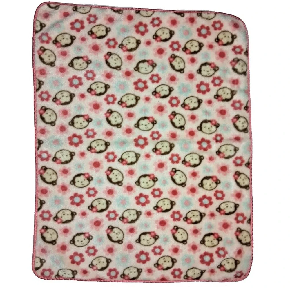 BabyGear Pink Monkey Face Flower Baby Blanket Soft Fleece Blue Thin Satin Gear