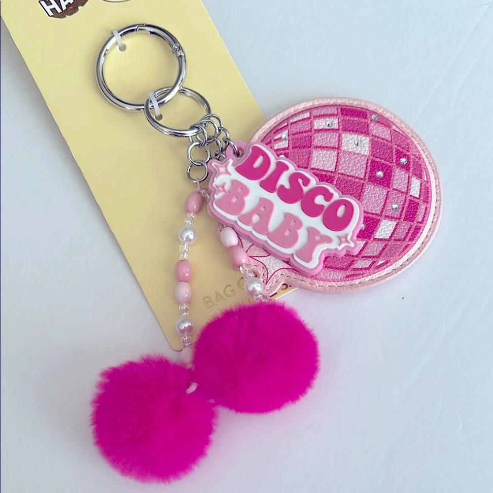 Pink Disco Baby pop art Handbag Charm/Keychain with furry Pom Poms