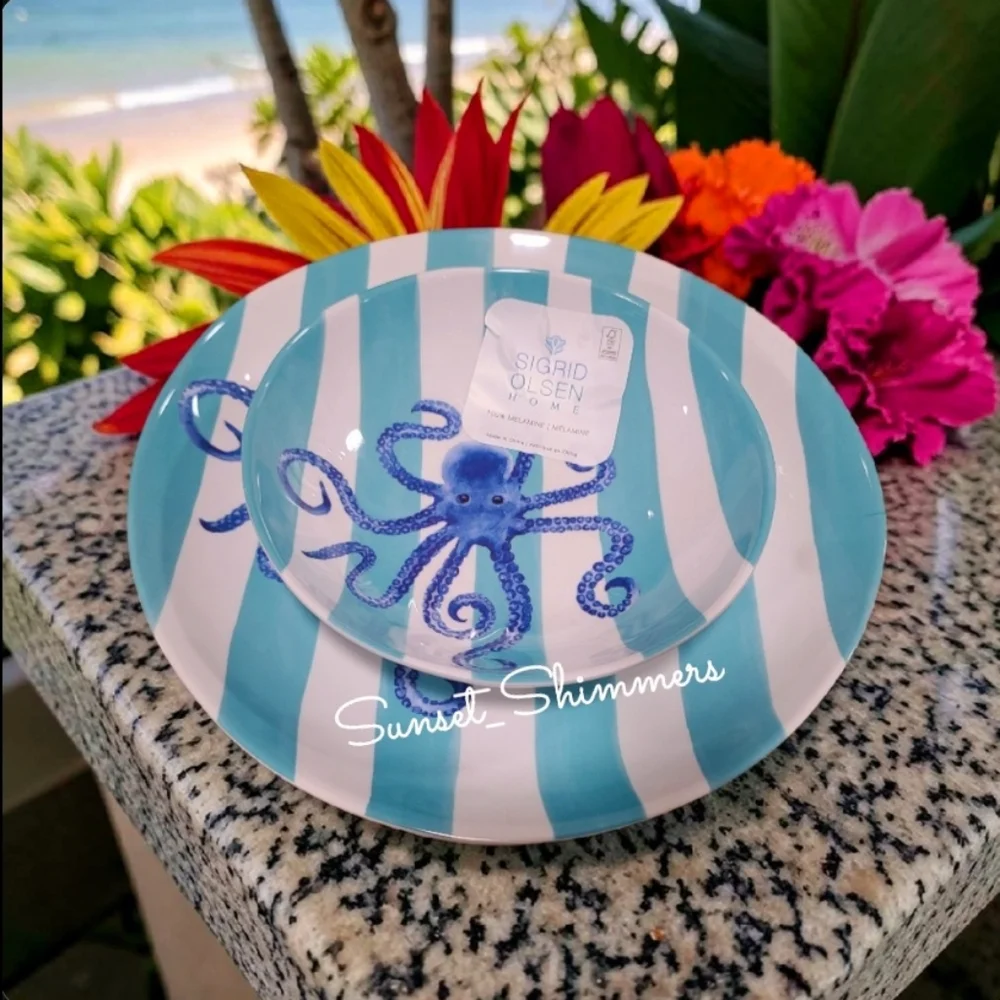 8pc Sigrid Olsen Blue Octopus Cabana Stripe Melamine Dinner Plate & Bowl Set New