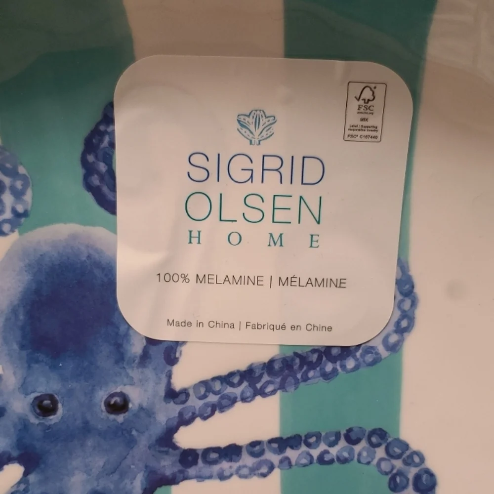 8pc Sigrid Olsen Blue Octopus Cabana Stripe Melamine Dinner Plate & Bowl Set New