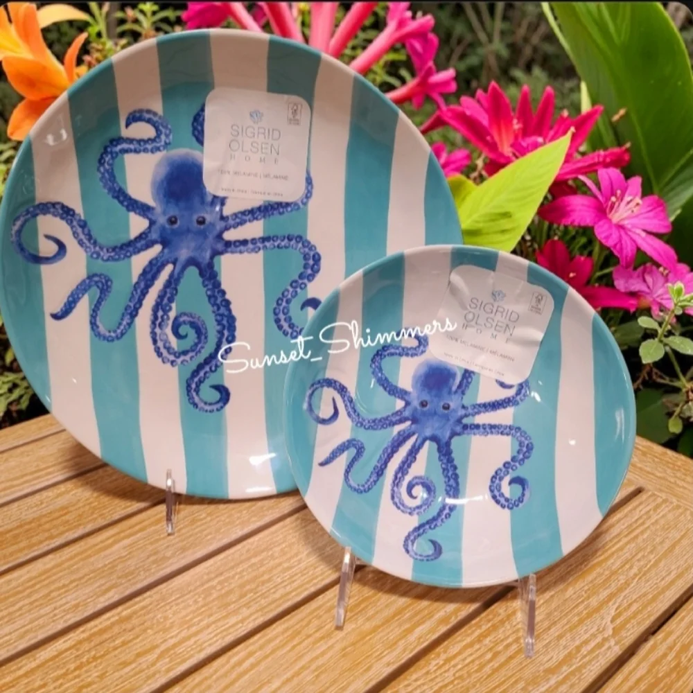 8pc Sigrid Olsen Blue Octopus Cabana Stripe Melamine Dinner Plate & Bowl Set New