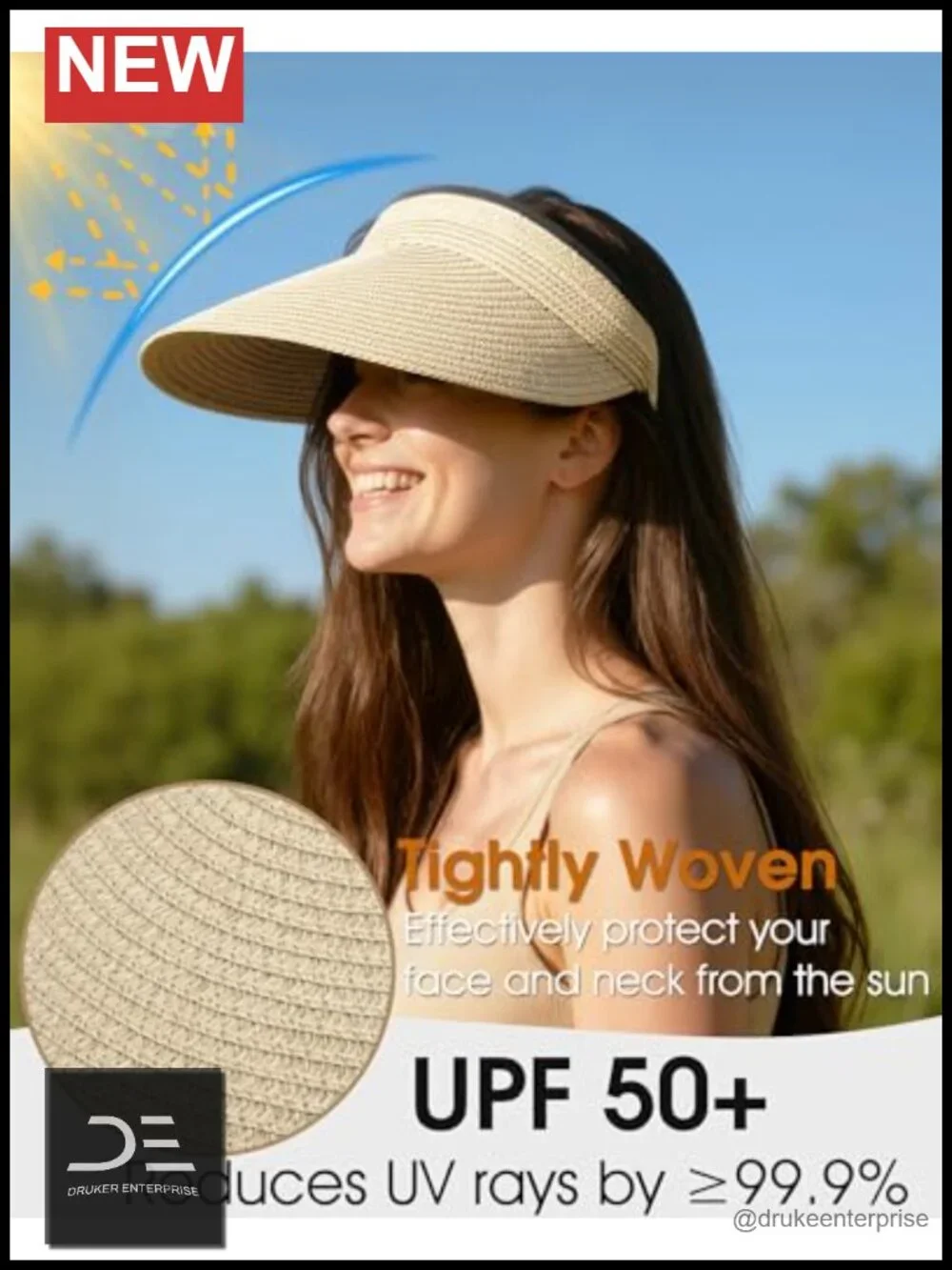 Straw Sun Visor Hat UPF 50+ Wide Brim Adjustable Packable