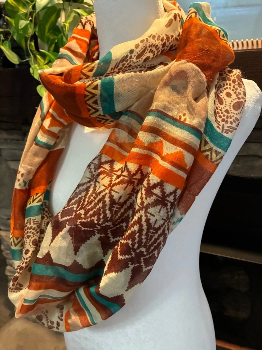 Multicolor Boho Infinity Scarf - Orange, Teal & Brown
