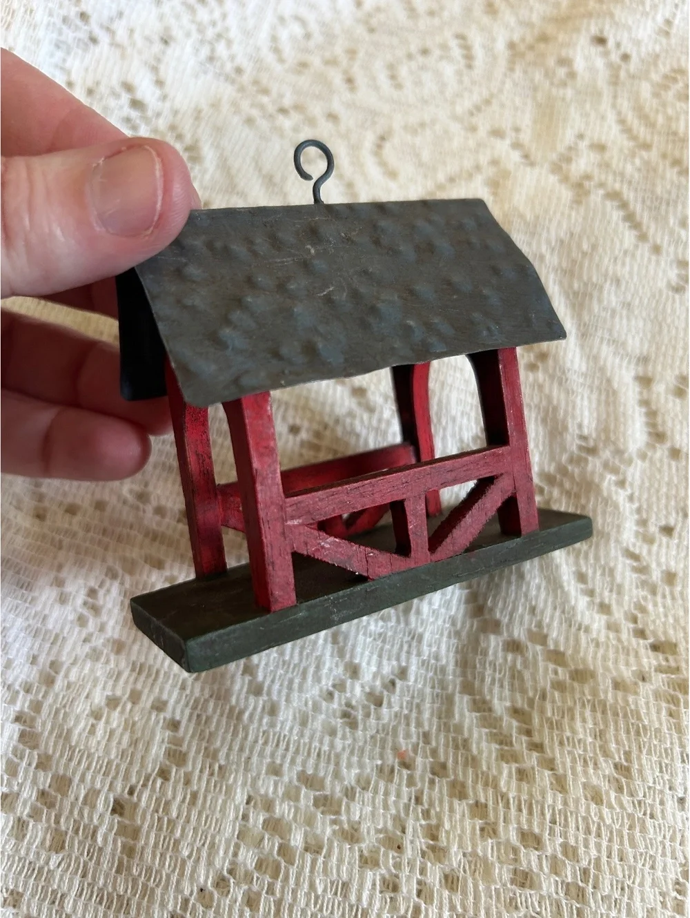 Handcrafted Miniature Red and Black Wooden Bridge Ornament
