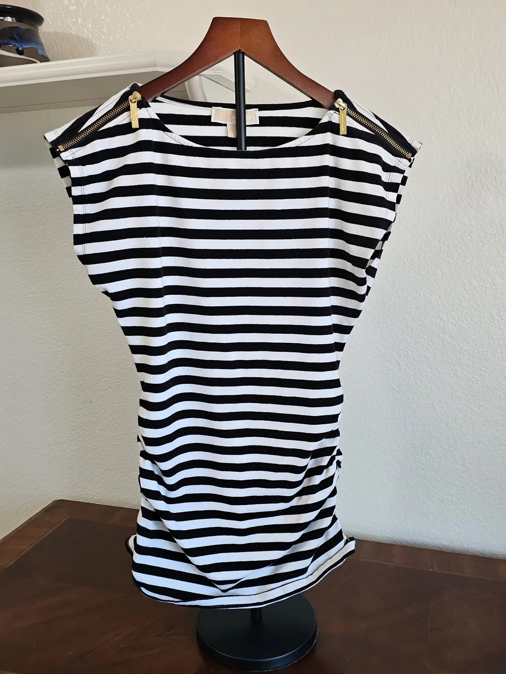 Michael Kors Black and White Striped Top with Gold Zipper, Small