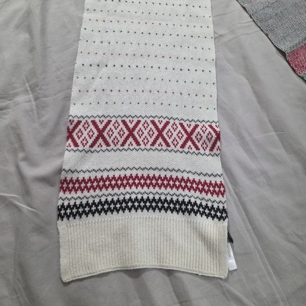 TALBOTS FAIRISLE SWEATER Winter White Red SCARF Cotton Cashmere Blend 72x9.5