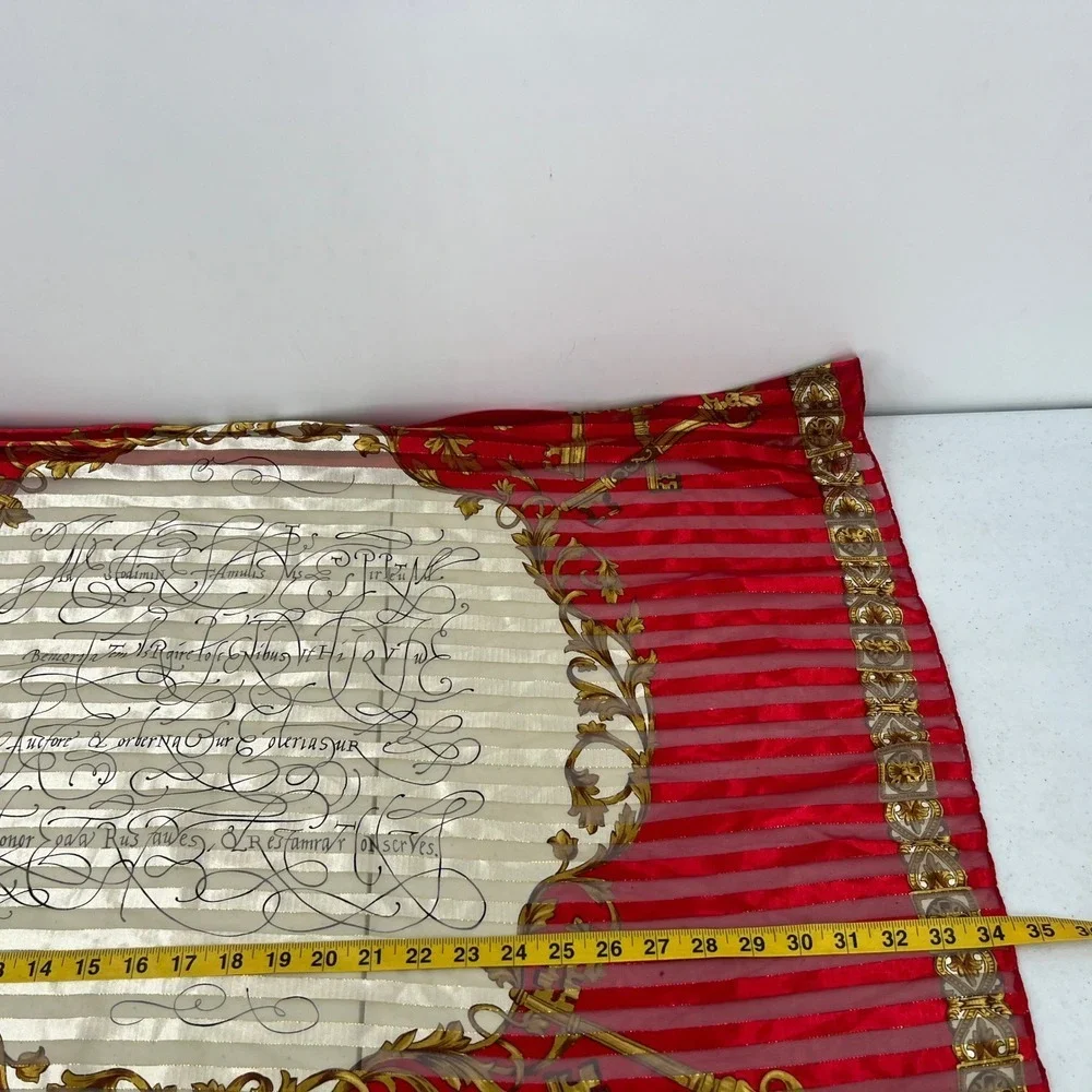 Vintage Liz Claiborne Scarf Sheer Stripe Red Gold Skeleton‎ Keys Script Baroque