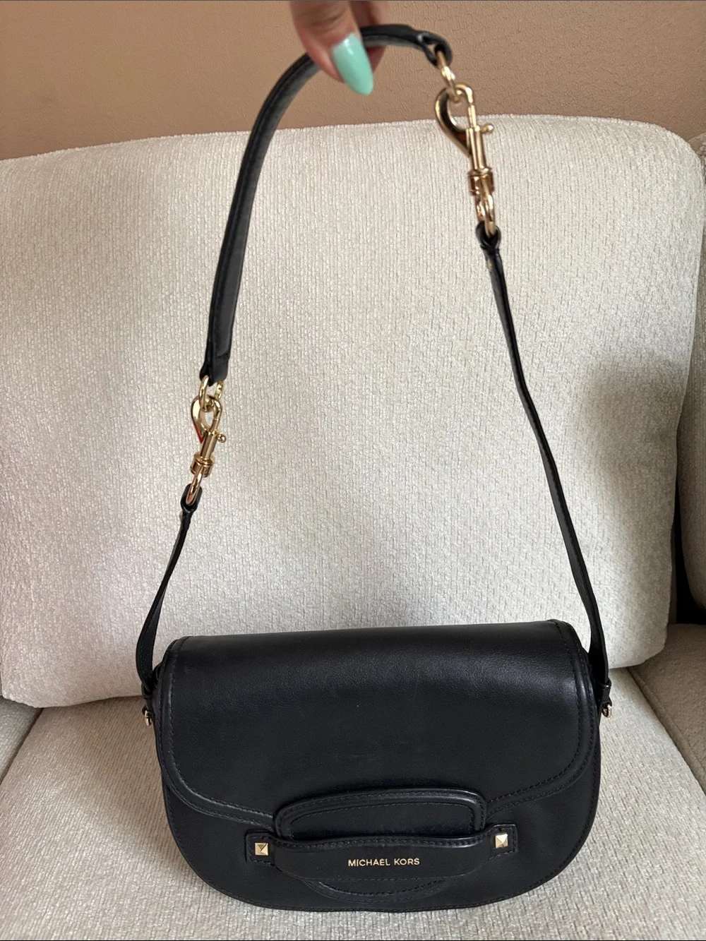 MICHAEL KORS Black Leather Saddle Shoulder Bag with Gold Hardware