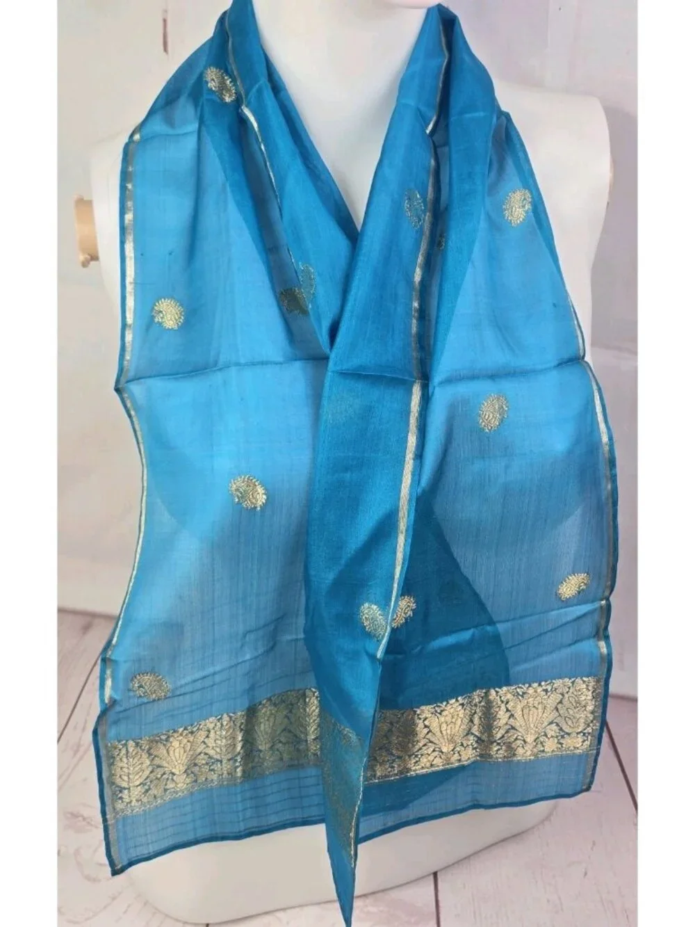 Hand Woven 100% Pure Silk TOURQOUISE GOLD Made in India Saree Scarf @ 45