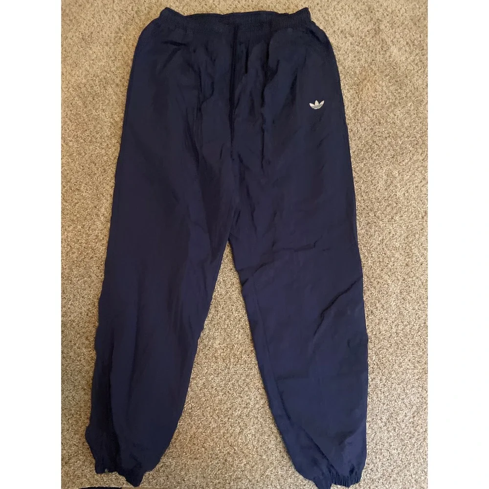 Vintage 90s Adidas Men Track Pants Large Navy Blue Trefoil Nylon Lined Joggers