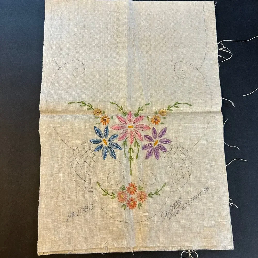Vintage Prime Needleart Co #1085 Stamped‎ Linen Floral Runner Unfinished Project