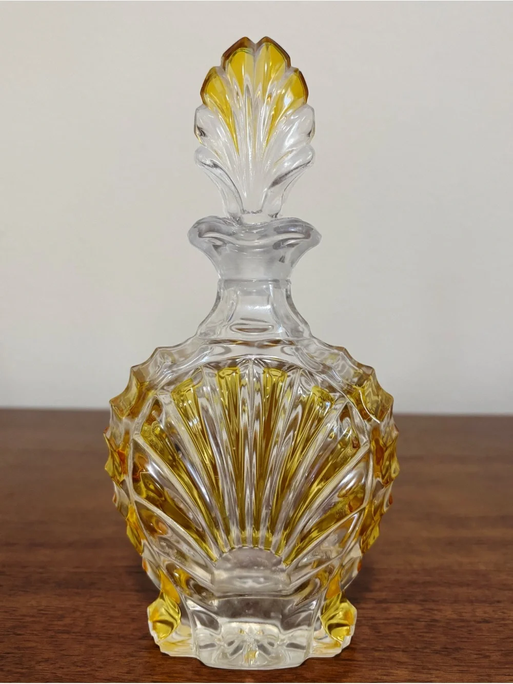 Vintage Bohemian Shell Shaped Amber Clear Glass Decanter 9”