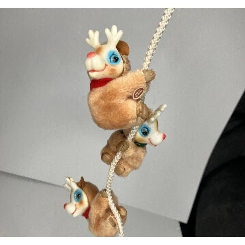 Lot 3 Rudolph Reindeer Clip On Pencil Hugger Flocked Ornament Plush Vintage