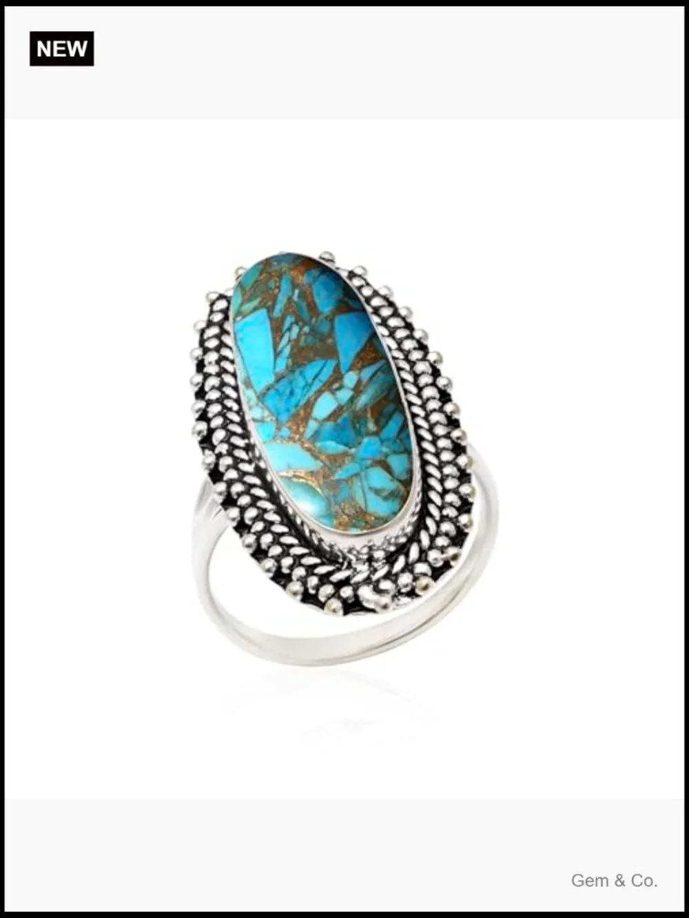 925 Sterling Silver Turquoise Statement Ring, Long Oval Gemstone, Handmade