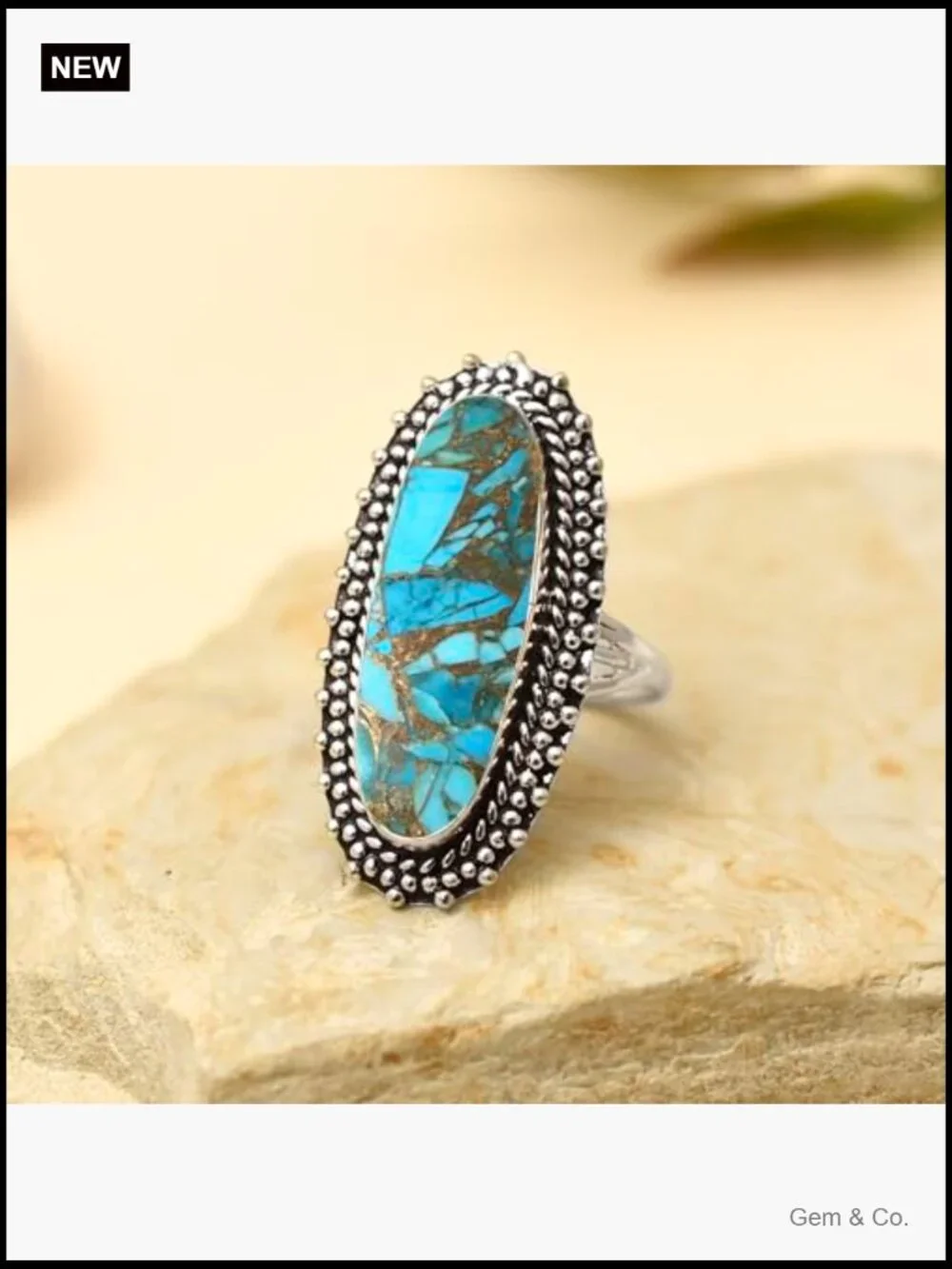 925 Sterling Silver Turquoise Statement Ring, Long Oval Gemstone, Handmade