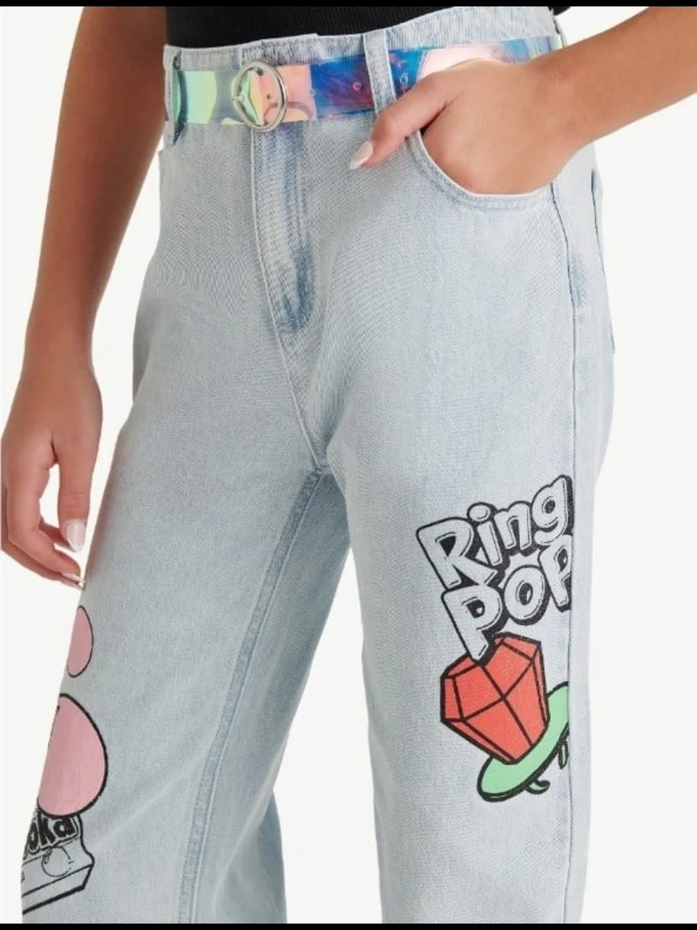Justice Light Wash Denim Ring Pop Graphic Jeans with Pastel Belt