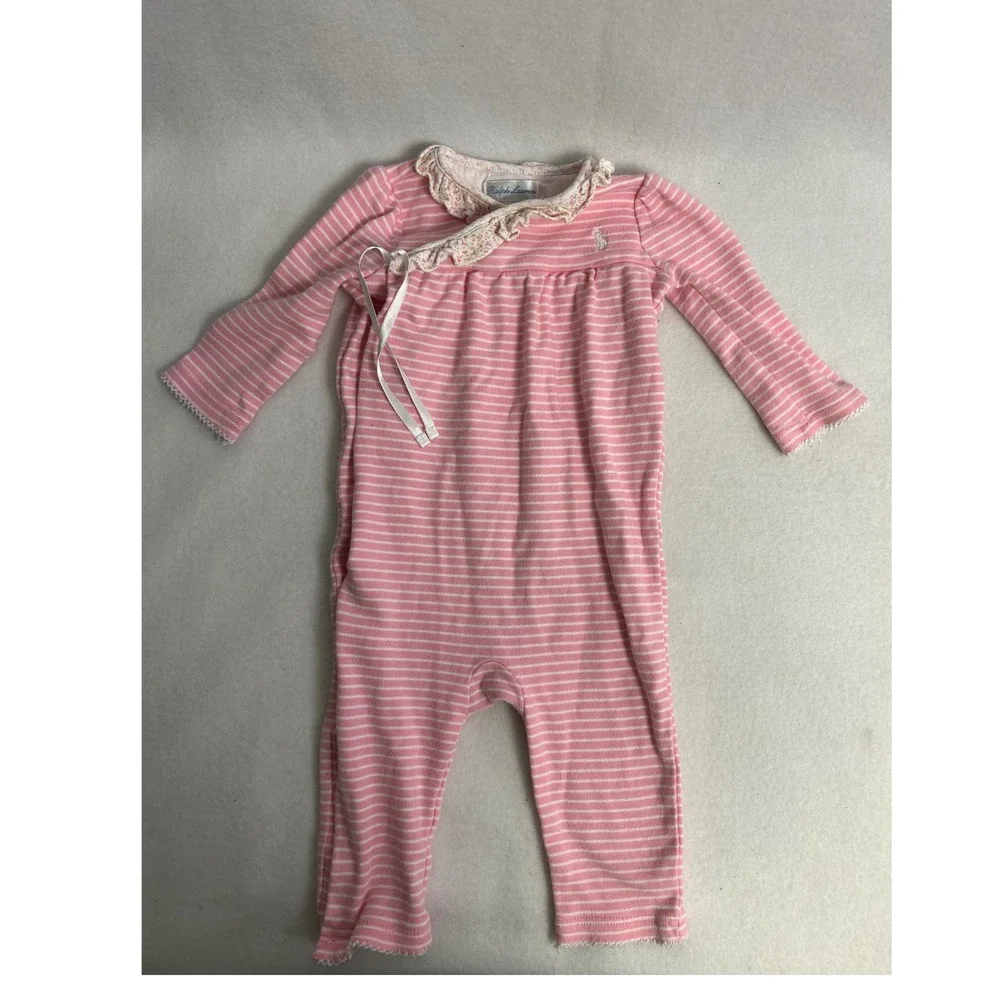 Coquette Ralph Lauren Kids‎ 6M Pink Striped Floral Ruffle Snap Front Coverall